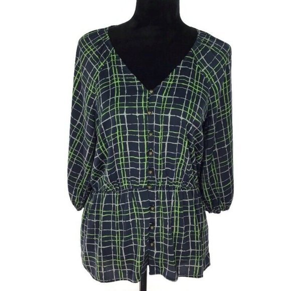 Banana Republic Blouse Navy & Green Bronze Button Workwear Popover Top Medium M - Picture 1 of 5